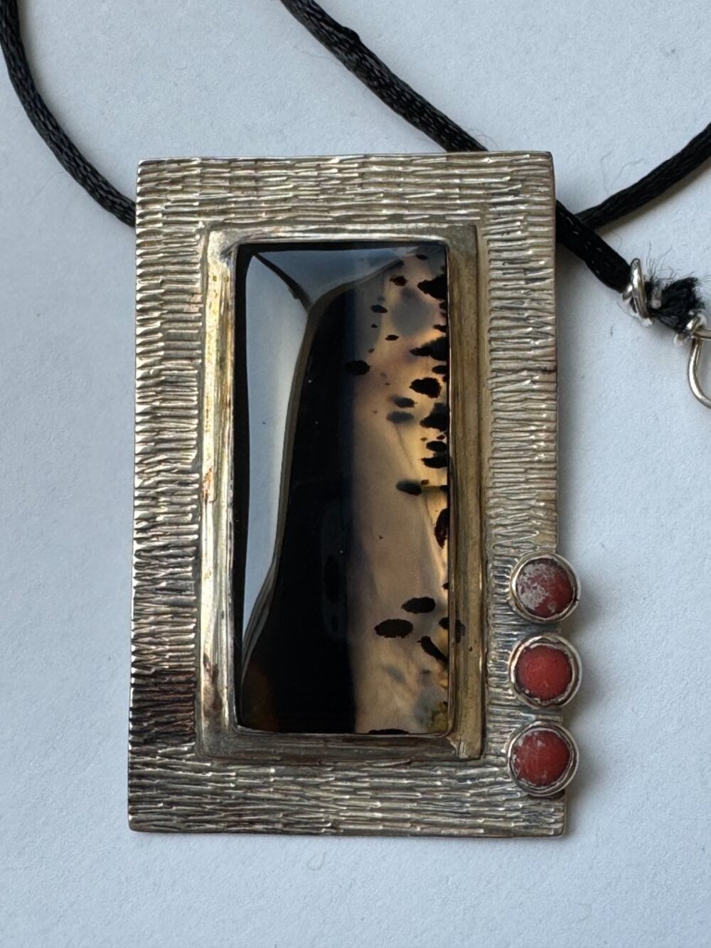 Sterling Pendant Necklace Rectangular Bezel Set Abstract Modern Artist - Picture 6 of 7